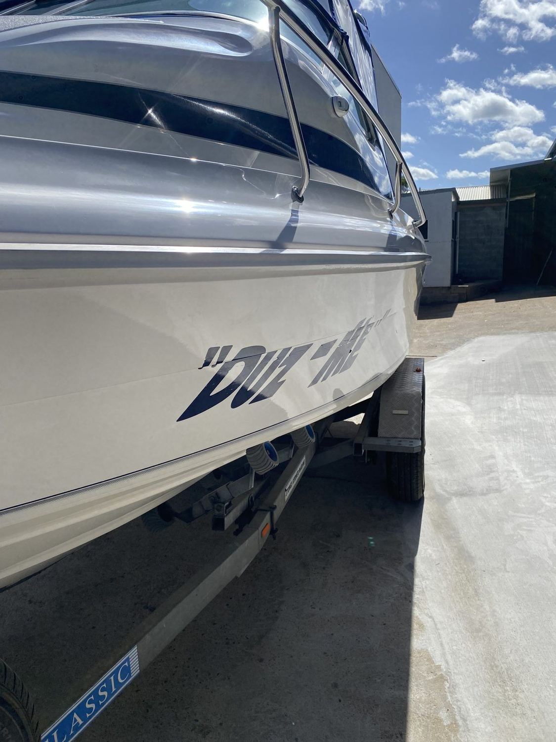Boat bow on trailer after hull detail, Brisbane