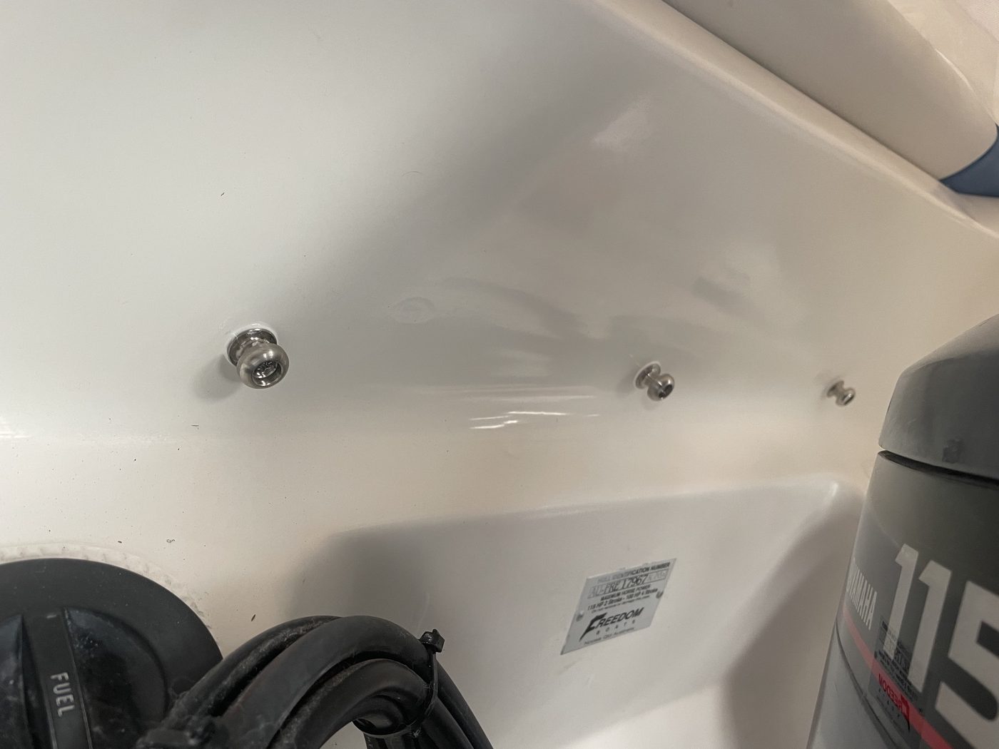 Boat transom filled, glassed and re-gelcoated with a clean white finish, Brisbane