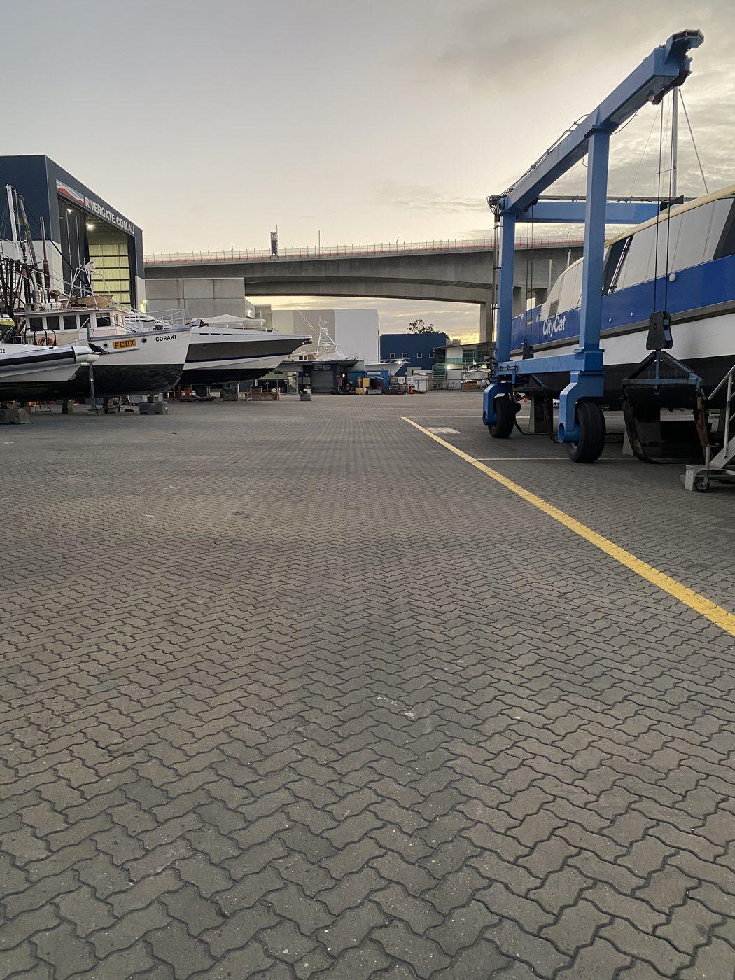 Travel lift at Brisbane boatyard at dusk