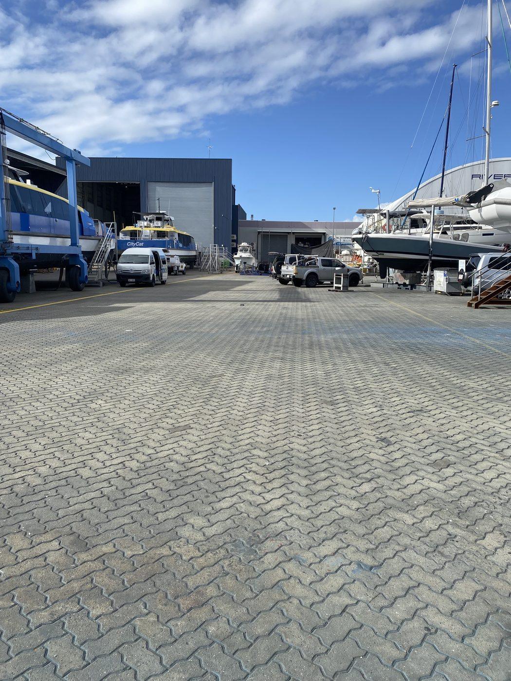 Brisbane boatyard hardstand with vessels on stands