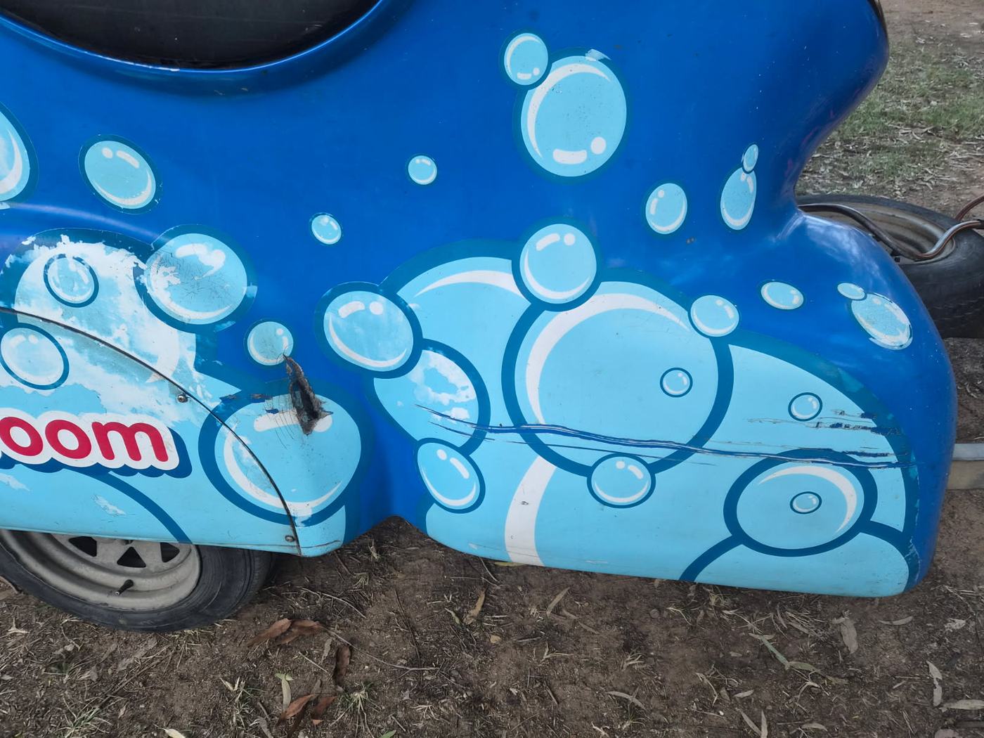Fibreglass dog grooming trailer with torn rear quarter panel before repair, Brisbane