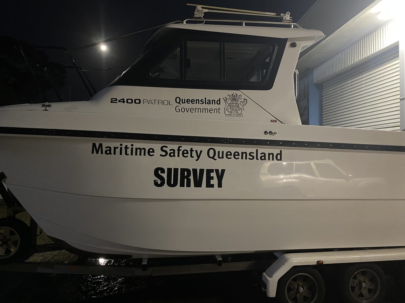 Maritime Safety Queensland 2400 patrol vessel after hull detail and polish, Brisbane