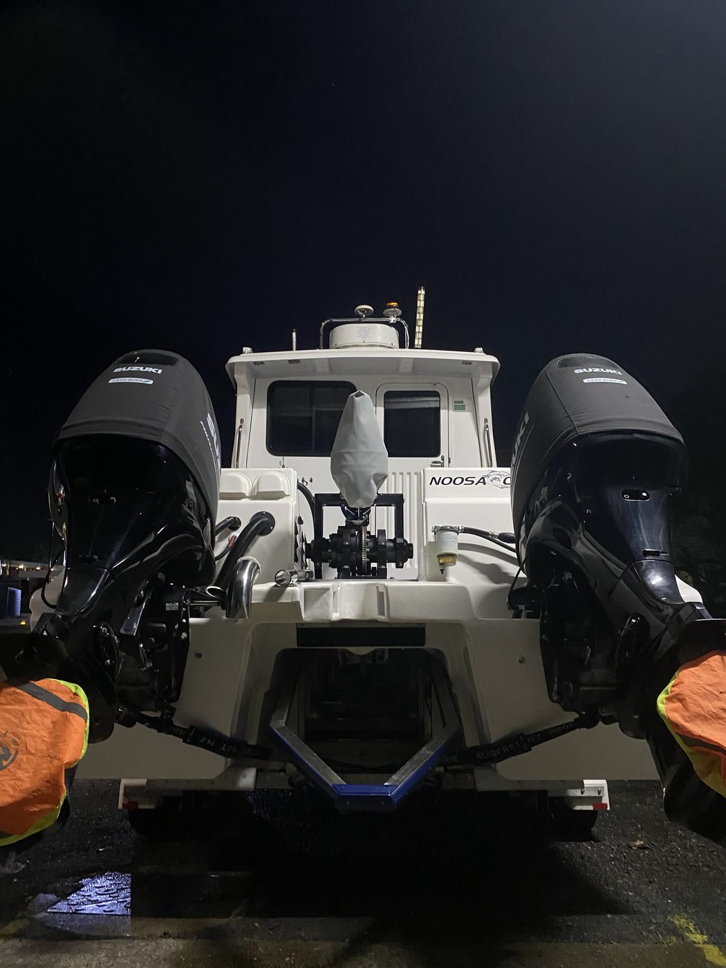 Patrol boat twin outboard stern rig after detail, Brisbane