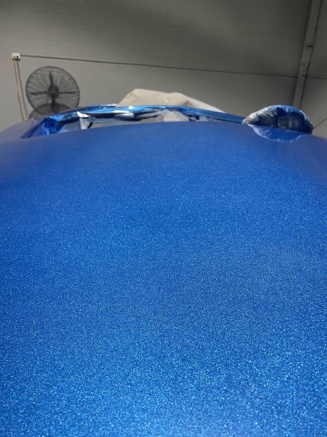 Ski boat top deck resprayed in blue metal-flake with a deep even finish, Brisbane