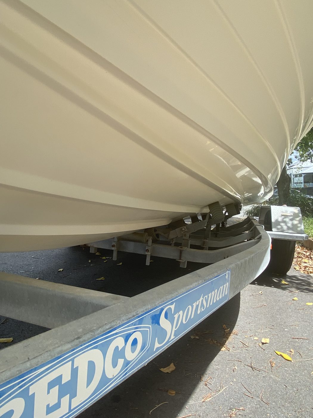 Trailer boat hull on Redco trailer during hull work, Brisbane